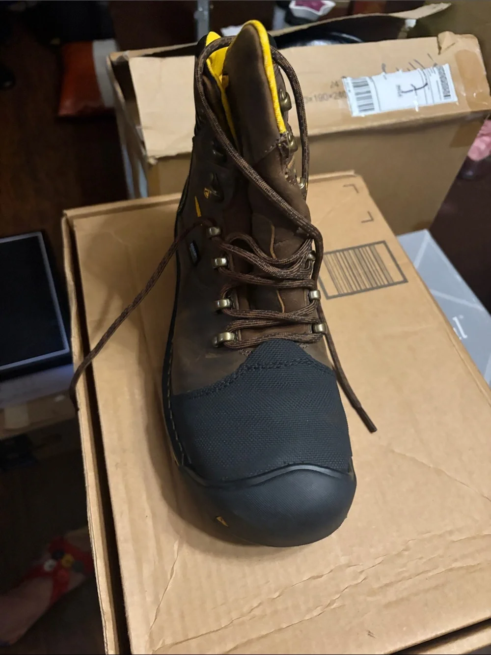 Keen Brown and Black Work Boot with Yellow Trim